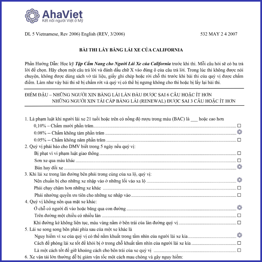 Bộ đề thi lý thuyết DMV gốc của bang California